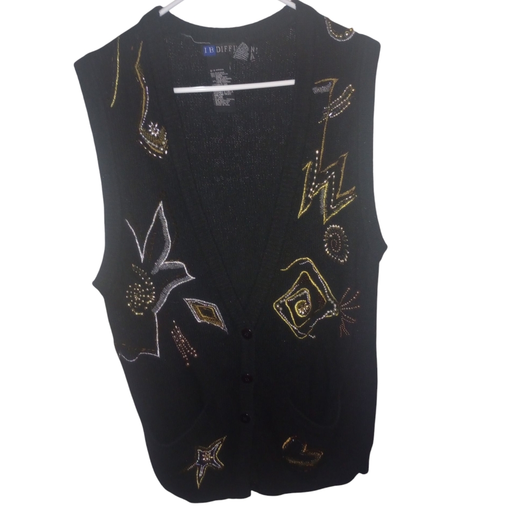 Ib Fission Hong Kong Made Knit In China Black Vest with Gold Silver Embroidery - Picture 2 of 9